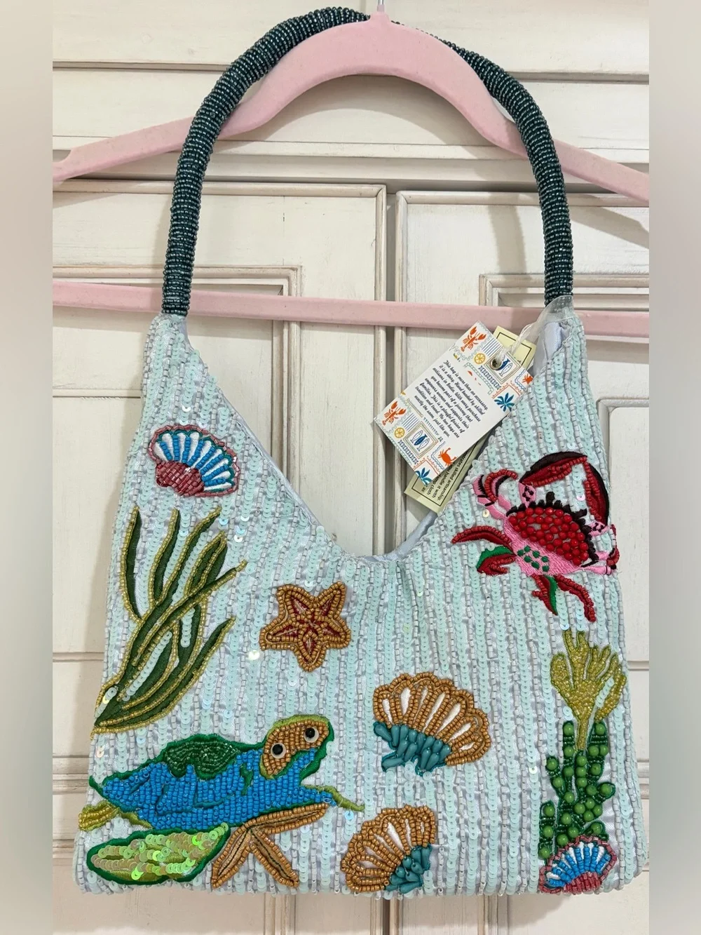 NWT Made in India Beaded Ocean Tote Handbag with Turtle & Shell Motif - Aqua - Picture 1 of 8